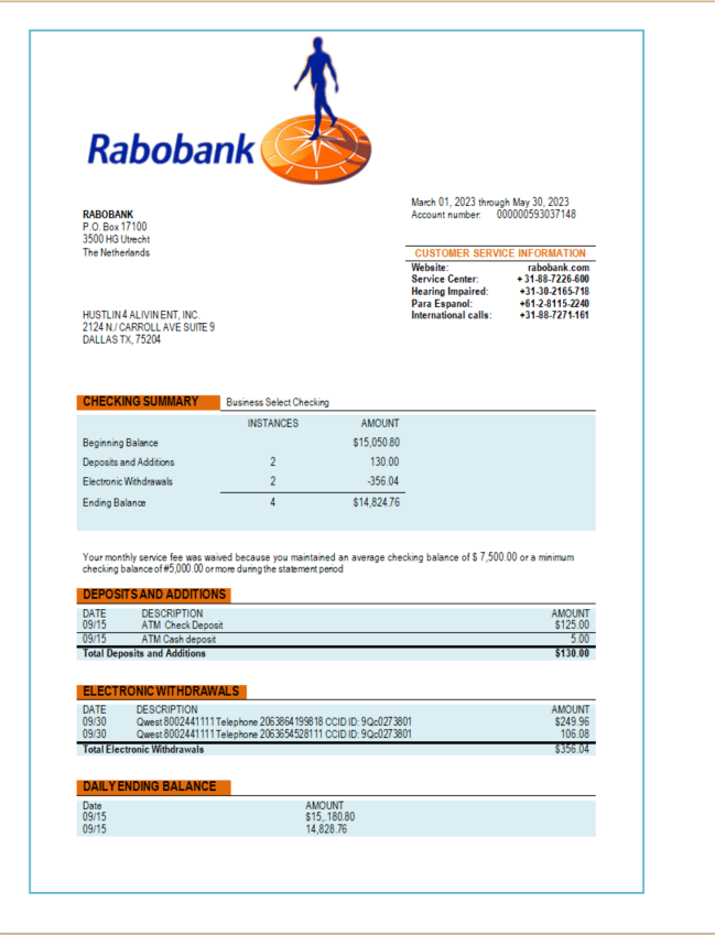 Modèle Word et PDF de relevé de compte de l'organisation bancaire Rabobank